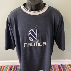 80s Nautica Yacht Sailboat Shirt Embroidered Spellout Rare Mackler Tag Blue XL